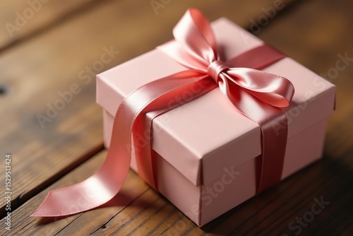 Subtle silk ribbon ties small matte boxes on warm wood surface , kraft, elegant, gift