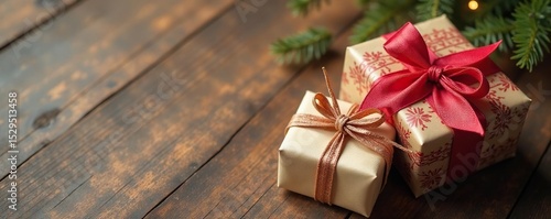 Wrapped presents, tied with bows, wooden surface, magical, high-quality, ribbon