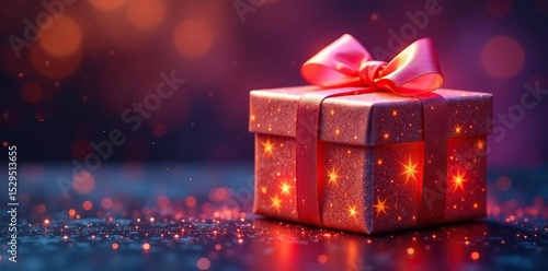 Glowing gift box, shimmering ribbon, cosmic dust , wonder, fairytale