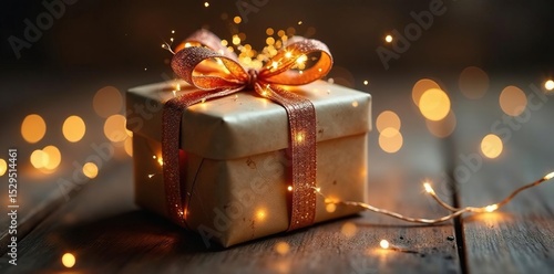 Sparkling gift wrapped, rustic twine, warm lighting, present, craft