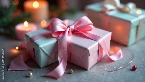 Pastel gifts, satin bows, flickering candlelight, shiny, romantic