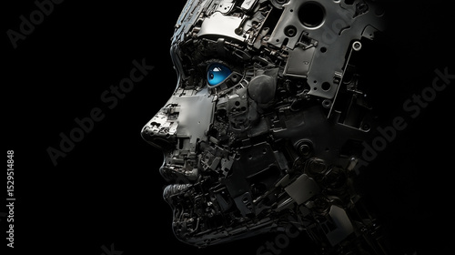 A woman's face is shown in a black background with blue eyes. The face is made of metal and has a robotic appearance. Concept of futuristic technology and a futuristic, mechanical look
