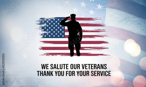 Saluting soldier silhouette on american flag background