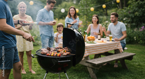 Scene of a summer barbecue with people grilling skewers