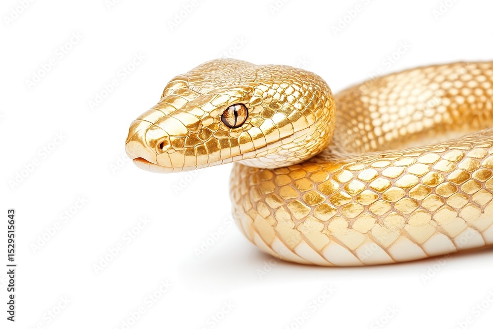 Fototapeta premium A gold colored snake is laying on a white background. , isolated on white background.
