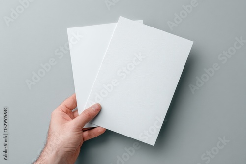 Hand holds two blank white brochures