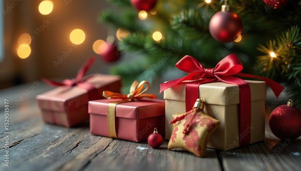 Luxury gift boxes, tied with silk ribbon, nestled beneath a Christmas tree , winter, luxury, holiday Luxury gift boxes, tied with silk ribbon, nestled beneath a Christmas tree , winter, luxury, holiday