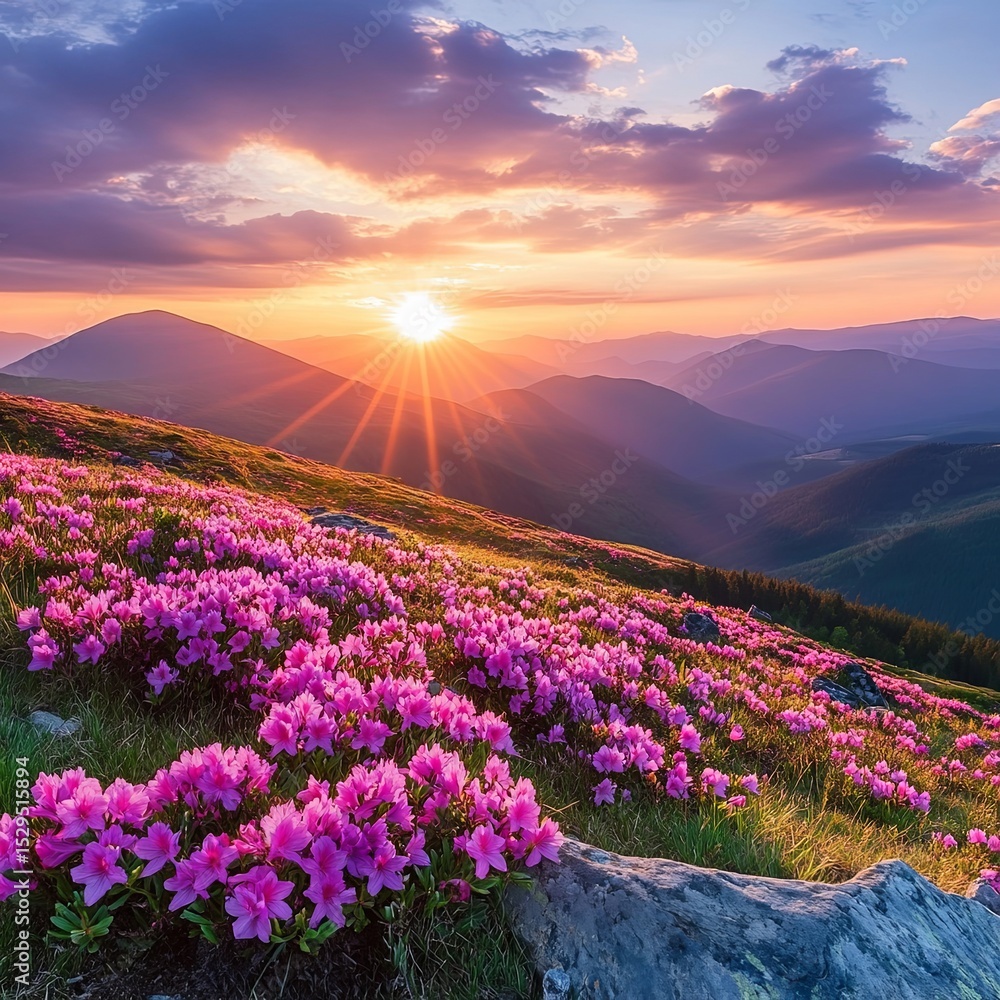 Obraz premium Picturesque summer sunset with rhododendron flowers. Location place Carpathian mountains, Ukraine, Europe. Vibrant photo wallpaper. Image of gorgeous pink flowers. Discover the beauty of earth.