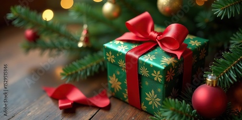 Ornate gift box with silk ribbon, nestled beneath Christmas tree branches, red, elegant, image