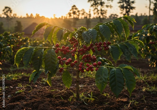 Green coffee plants growing on a hillside farm in tropical climate. Coffee plantation during daytime, showing leaves and unripe coffee cherries.
