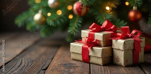 Vintage gift boxes, satin bows, under Christmas tree , season, joy