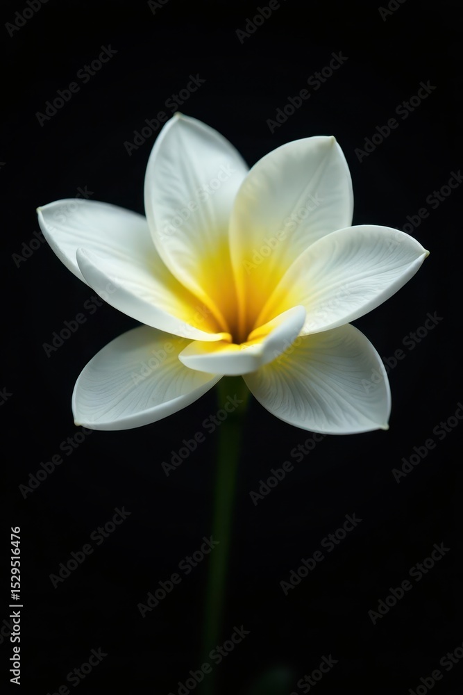 Single white bloom, sunburst yellow core, against deep black, yellow, bright, flora Single white bloom, sunburst yellow core, against deep black, yellow, bright, flora