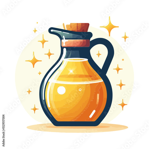 stylized jug of golden liquid, likely oil or honey, with a cork stopper and subtle sparkling accents. This image is perfect for food blogs, recipe websites, health and wellness sites, and culinary 
