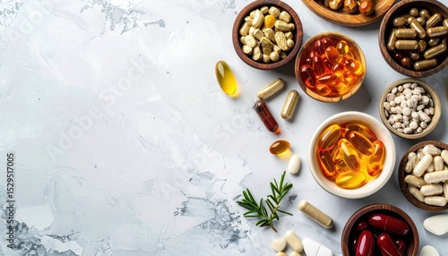 Wallpaper Mural Colorful capsules & pills in wooden bowls, scattered on a marbled white surface Torontodigital.ca