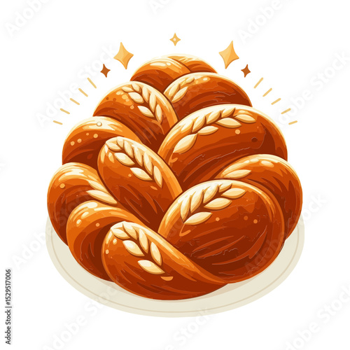 golden-brown braided loaf of bread, possibly challah, rests on a plate, adorned with grain details and sparkling accents for food blogs,recipe websites,bakeries,and culinary event promotions