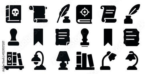 Book and library solid icons set – filled, literary, reading and education symbols