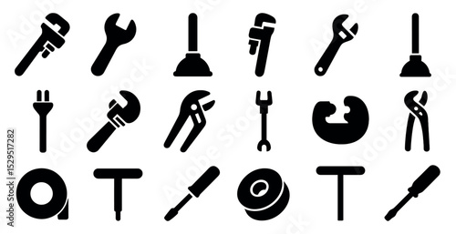 Plumbing and tools solid icons set – silhouette, repair, maintenance symbols