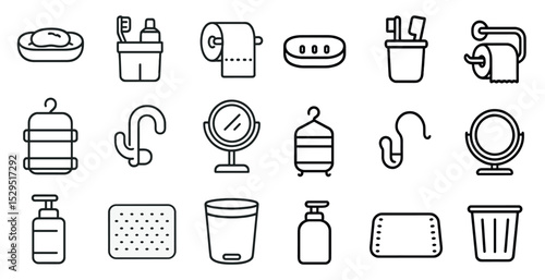 Bathroom and hygiene outline icons set – linear, washroom and cleaning symbols