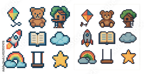 Toys and childhood icons set in pixel art – playful, fun, kid-friendly symbols