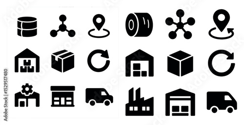 Warehouse and distribution solid icons set – logistics, supply chain symbols
