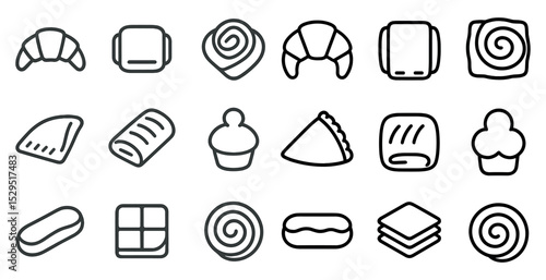 Bakery and pastry outline icons set – linear, cupcake, croissant symbols