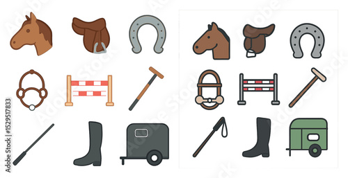Equestrian equipment icons set – flat, riding gear and horse accessories symbols