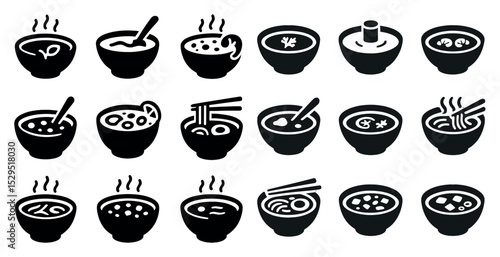Japanese cuisine silhouette icons set – solid, sushi, ramen and food symbols