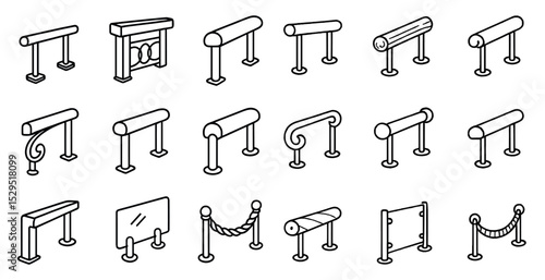 Stanchion and barrier outline icons set – silhouette, queue, security symbols