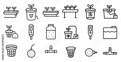 Hydroponics and gardening line icons set – outline, linear, plant care symbols