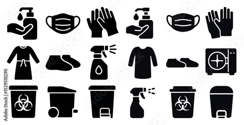 Cleaning and hygiene icons set – solid, filled, sanitization and safety symbols