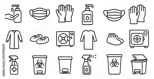 Healthcare and hygiene outline icons set – medical, flat, sanitization essentials