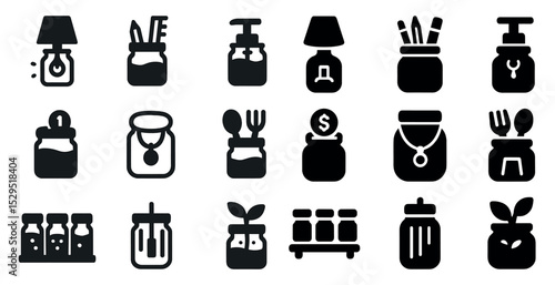 Home decor silhouette icons set – filled, solid, interior design and furnishing graphics