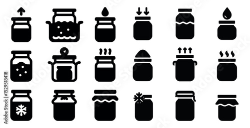 Food preservation solid icons set – silhouette, jar, freezing and canning symbols