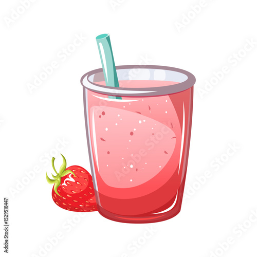 Strawberry smoothie in a glass. Summer refreshing drink, juice, smoothie. Vector illustration.