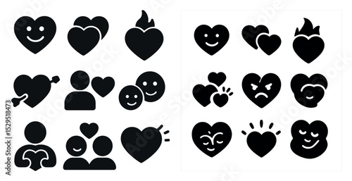 Heart and emotion solid icons set – filled, silhouette, love and mood symbols