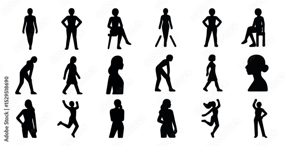 Human silhouette icons set – solid, filled, people and activity symbols Human silhouette icons set – solid, filled, people and activity symbols
