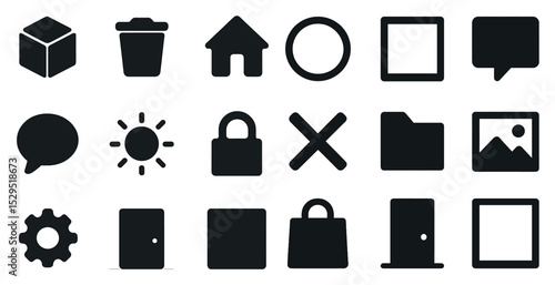 Essential ui solid icons set – filled, silhouette, interface design elements