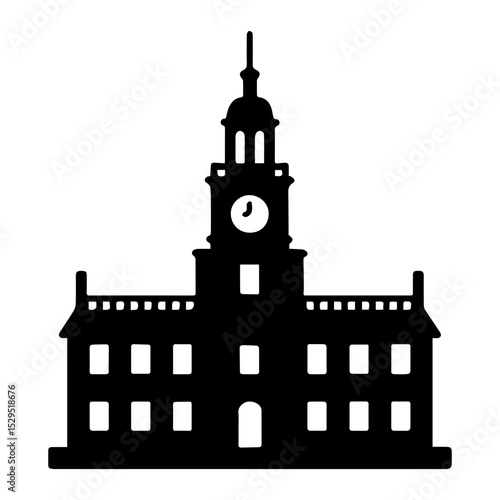 Independence Hall icon with central clock tower historic American building with transparent background
