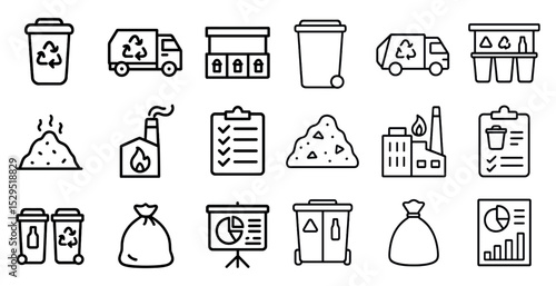 Recycling and waste management icons set – outline, linear, eco-friendly symbols