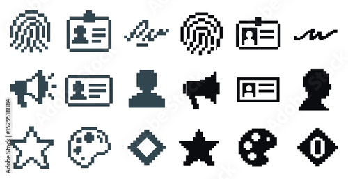 Identification and profile pixel art icons set – security, id, authentication symbols