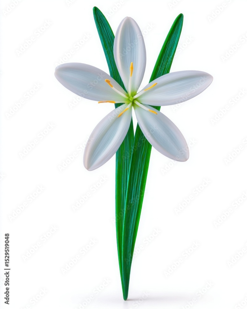 Fototapeta premium Delicate White Flower with Vibrant Green Leaves on White Background