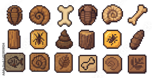 Fossil and dinosaur pixel art icons set – paleo, bones, prehistoric symbols