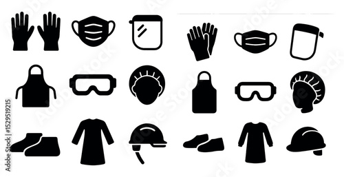 Medical ppe silhouette icons set – protective, safety, healthcare equipment symbols