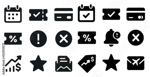 Business and finance solid icons set – account, transaction, enterprise symbols
