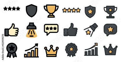 Awards and achievements icons set – flat, filled, trophy and success symbols