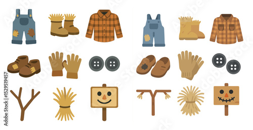 Autumn scarecrow icons set – flat, filled, harvest and fall festival symbols