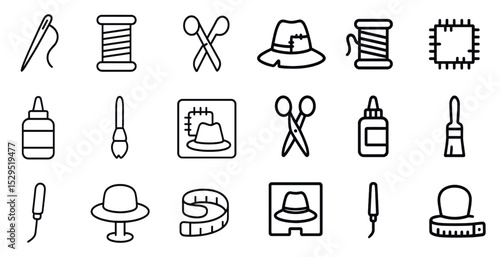 Sewing tools outline icons set – linear, crafting, tailoring symbols