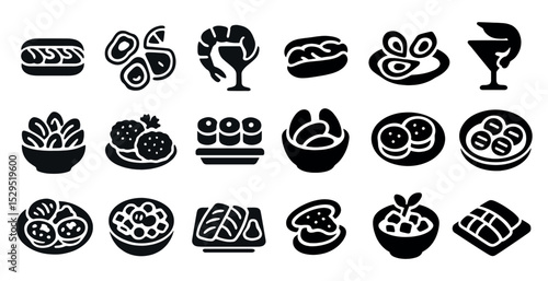 Gourmet food icons set in silhouette style – culinary, dining, and restaurant symbols