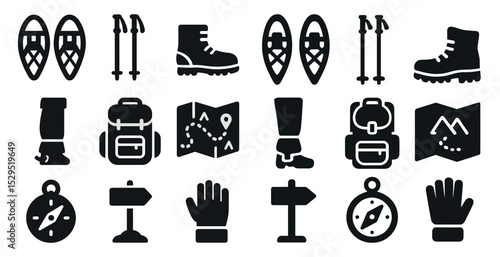 Outdoor adventure solid icons set – camping, hiking, travel symbols