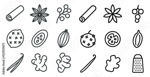 Culinary herbs and spices outline icons set – line, linear, cooking symbols